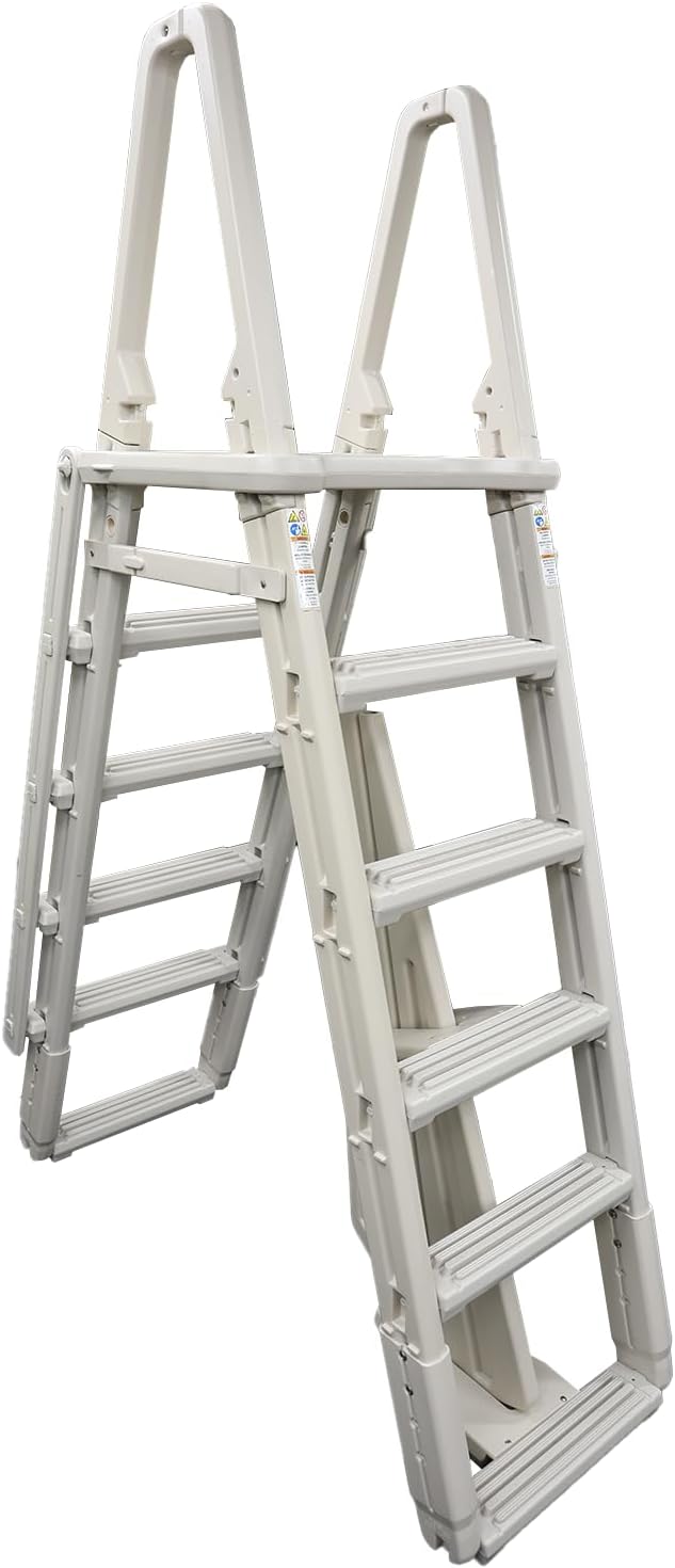 61QWQKLcN9L._AC_SL1500_.jpg Confer Plastics 7100X Evolution 48" to 54" Adjustable A Frame Above Ground Swimming Pool Entry Ladder with Flip Up and Locking Section for Safety