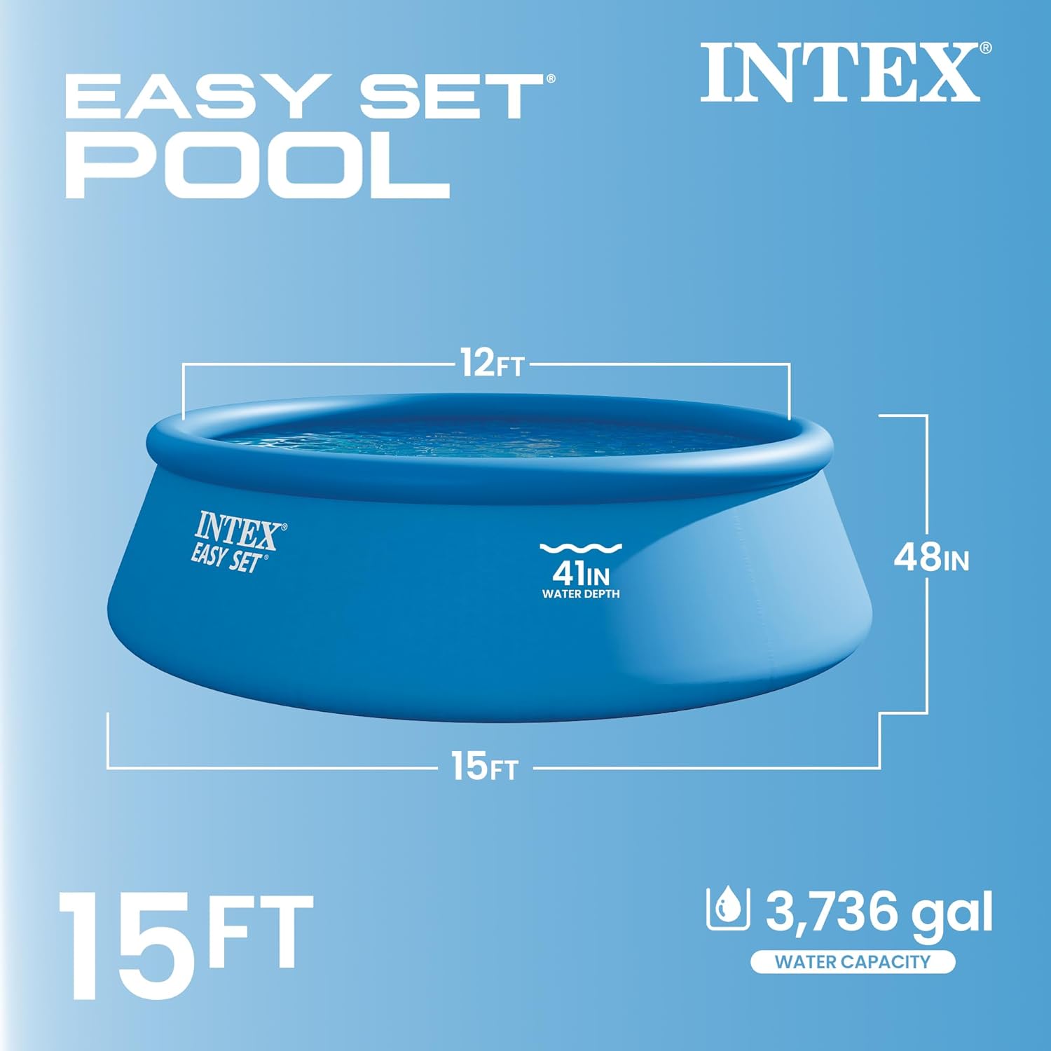 61R8jxkJkxL._AC_SL1500_.jpg Intex 15ft x 48in Easy Set Outdoor Above Ground Swimming Pool Kit with Ladder, Cover, 1000 GPH GFCI Filter Pump and 6 Replacement Filter Cartridges