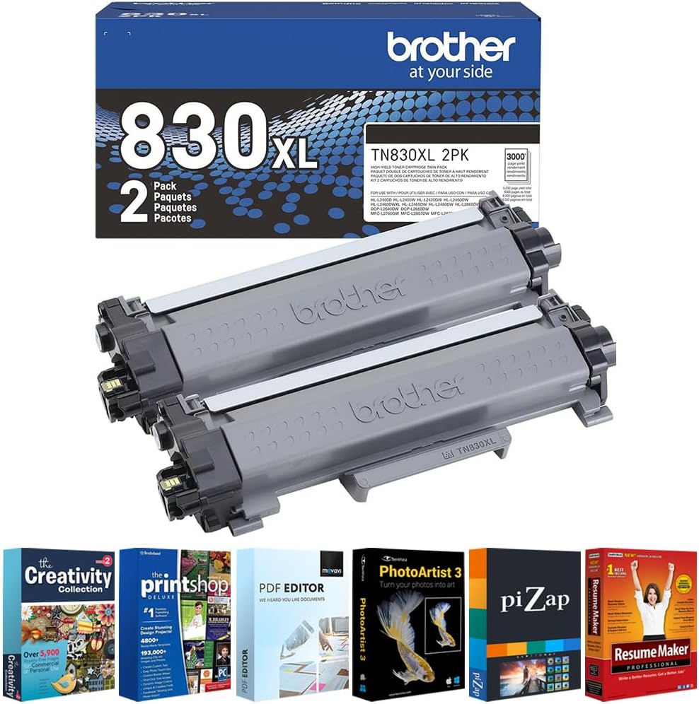 Brother Genuine TN830XL 2-Pack Black High-Yield Toner Cartridge - Up to 3000 Pages Each (6000 Total) - with Printer Essentials Digital Download Card - for HL-L2400D, HL-L2460DW, HL-L2420DW, HL-L2405W