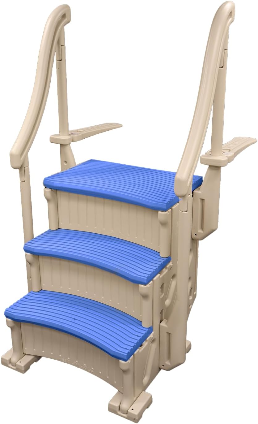 Confer Plastics Curved Drop-in Inground Pool Step 3 Tread Stair Entry System w/ 2 Handrails & Adjustable Mounting Brackets - Base Step, Blue Treads