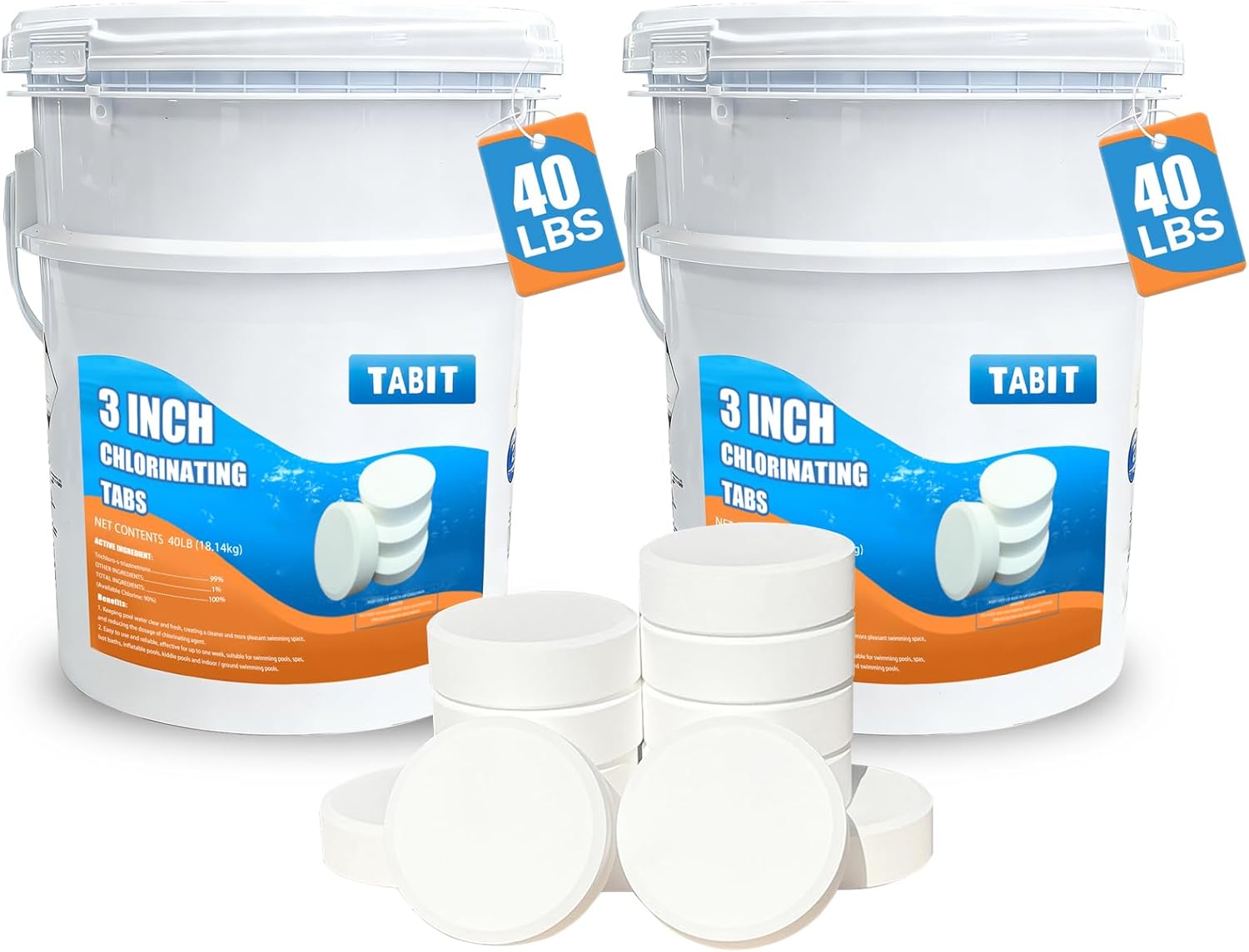 TABIT 80 lbs Chlorine Tablets 3 Inch for Swimming Pools – Slow Dissolving & Long Lasting – 90% Available Chlorine Tri-Chlor – Kills Bacteria & Stops Algae – 2 x 40 lb Buckets