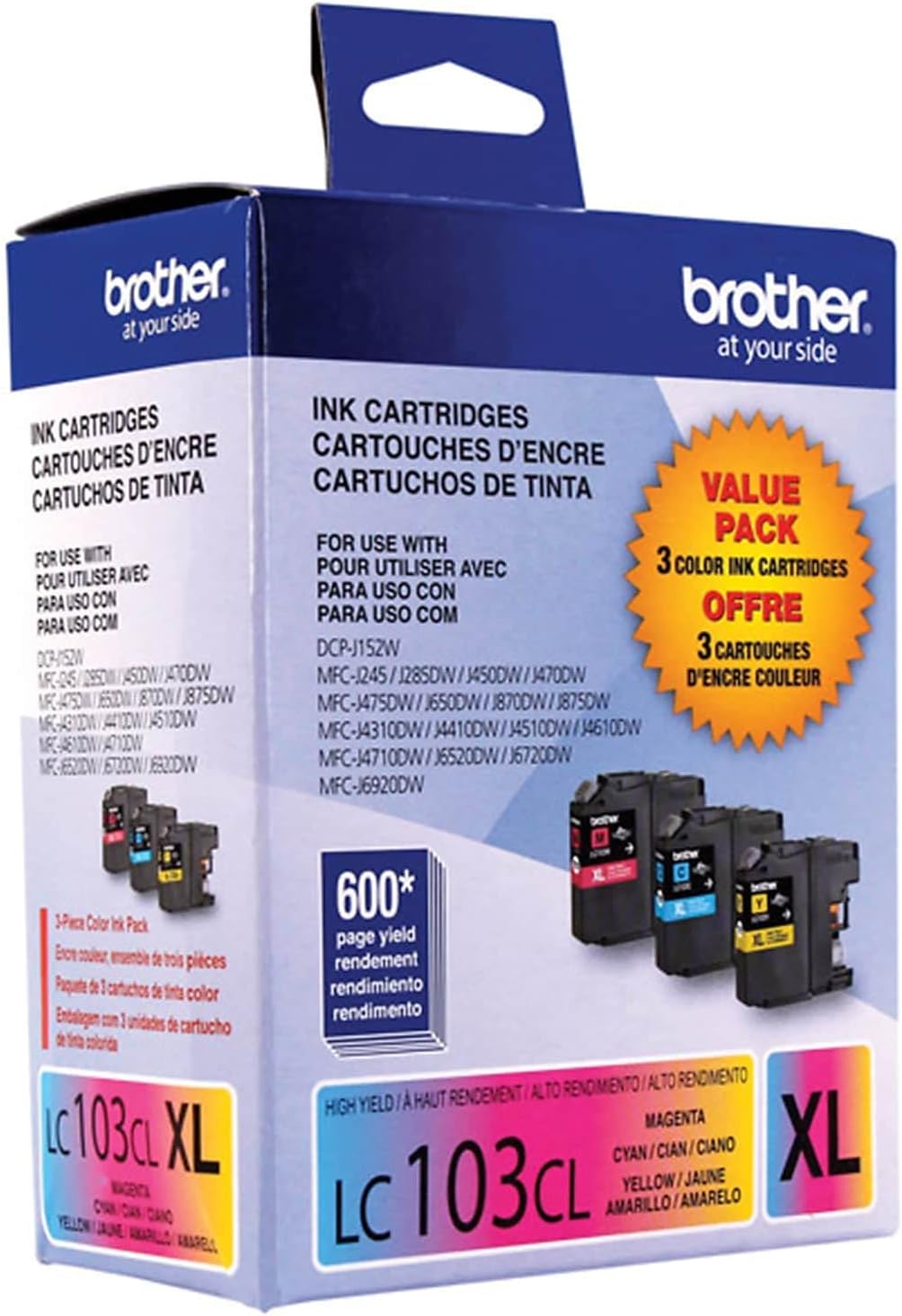 61d3YyL5TgL._AC_SL1500_.jpg Brother LC1033PKS, LC-103, Innobella High-Yield Ink, 600 Page-Yield, 3/Pack, Cyan-Magenta-Yellow