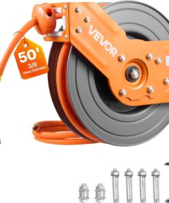 VEVOR Retractable Air Hose Reel, 3/8 Inch x 50 FT Hybrid Air Hose Max 300PSI, Auto Rewind Air-Compressor Hoses Reel with 5 ft Lead in, 180° Swivel Ceiling/Wall Mount for Garage Workshops