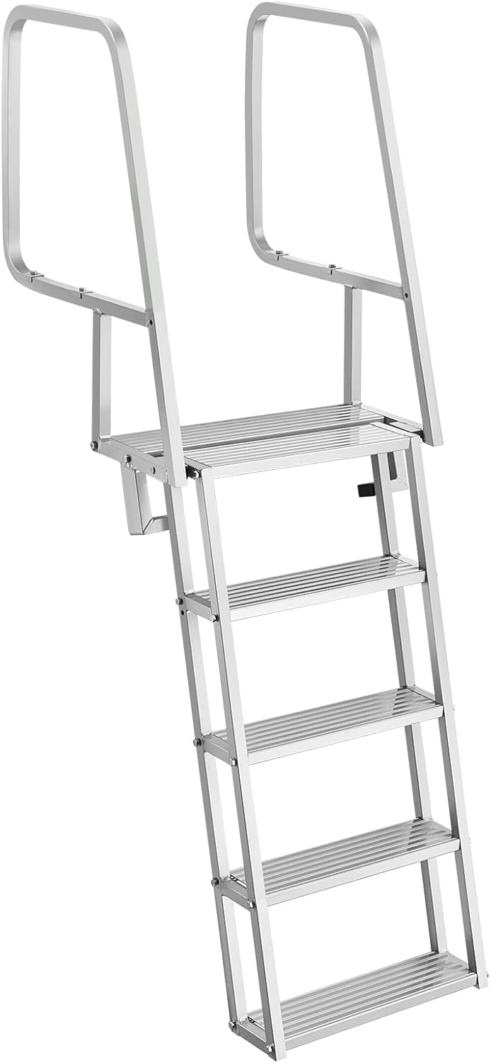 VEVOR Flip-Up Dock Ladder, 5-Step, Heavy-Duty Aluminum Alloy Pontoon Boat Swim Ladder, with Non-Slip Wide Steps, 350 lbs Weight Capacity, Pull Rope Assist, Comfort Use for Lake Pool Marine Boarding