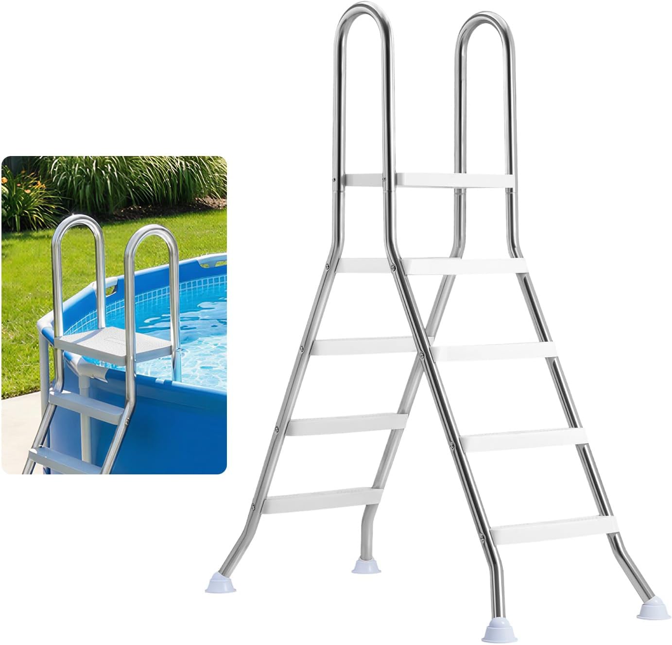 VEVOR Above Ground Pool Ladder, Stainless Steel A-Frame Swimming Pool Stairs for 49.2 in High Wall, 300 lbs Capacity Heavy Duty Entry/Exit Steps with Secure Non-Slip 3 Steps and Platform, Silver