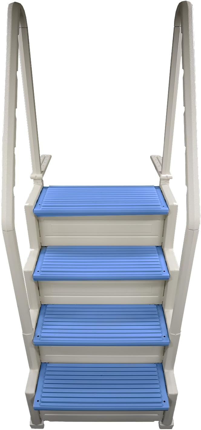 61oml7RubVL._AC_SL1500_.jpg Confer Plastics Step-1X Above Ground Pool Entry System – Dual Handrails, Slip-Resistant Steps, Supports 400 lbs, Easy Installation, Warm Grey with Blue Treads, Made in USA