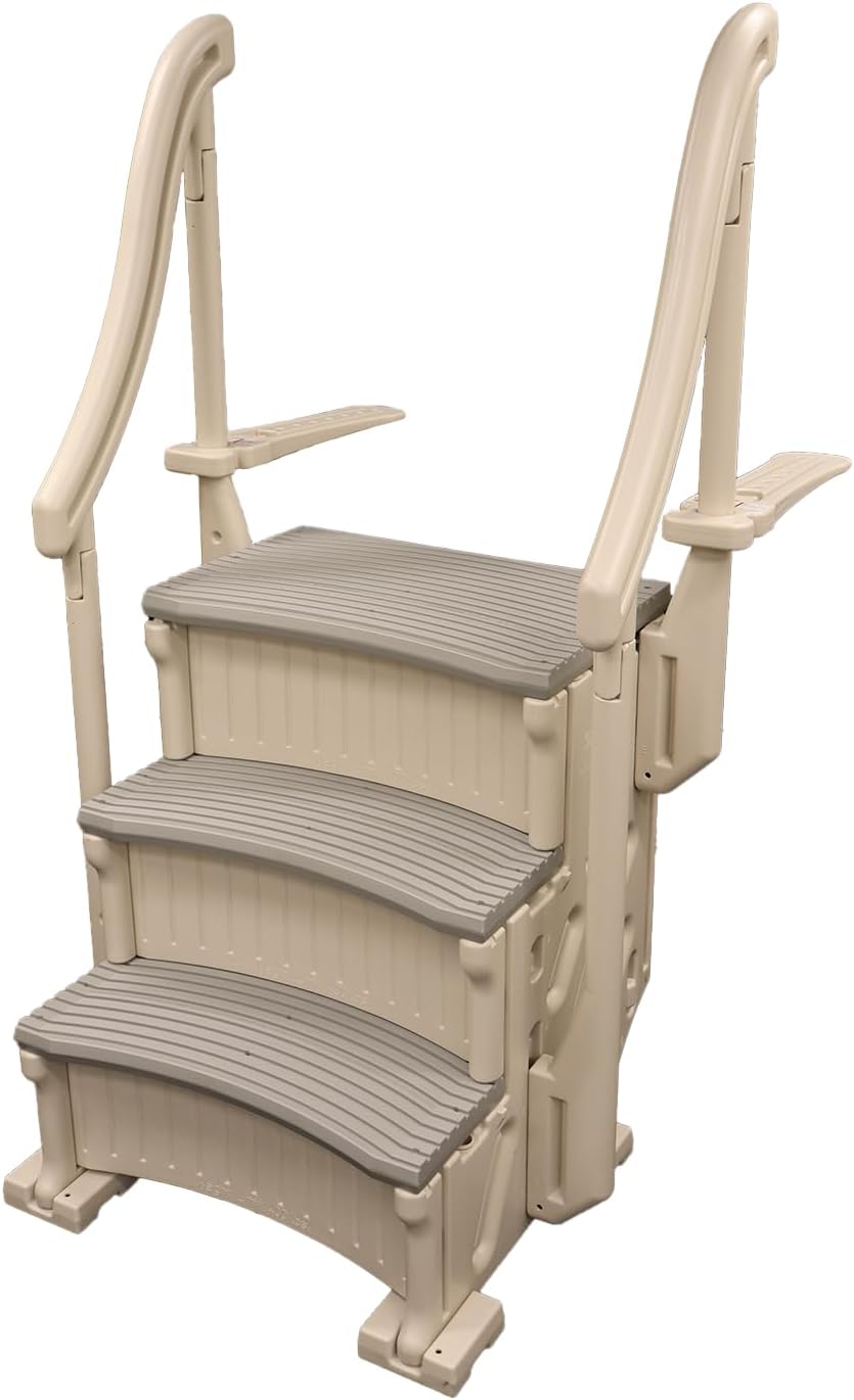 61pGC0FMp4L._AC_SL1500_.jpg Confer Plastics Curved Drop-in Inground Pool Step 3 Tread Stair Entry System w/ 2 Handrails & Adjustable Mounting Brackets - Base Step, Grey Treads