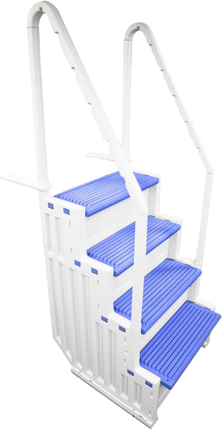 Confer Plastics Step-1X: Sturdy Above Ground Entry System with Dual Handrails and Slip-Resistant Steps, Easy Installation, Supports up to 400 lbs - Proudly Made in USA. White with Blue Treads
