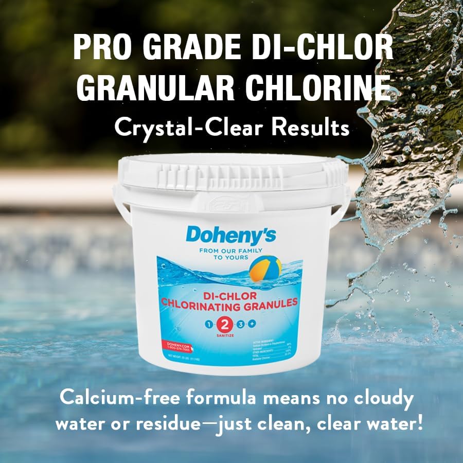 61rDH8SBmsL._AC_.jpg Doheny's Di-Chlor Granular Chlorine | Pro-Grade 3-in-1 Pool Sanitizer, Shock & Algaecide | Fast-Dissolving, Calcium-Free, No Residue | 99.5% Sodium Dichlor with 56% Stabilized Chlorine | 25lb Bucket