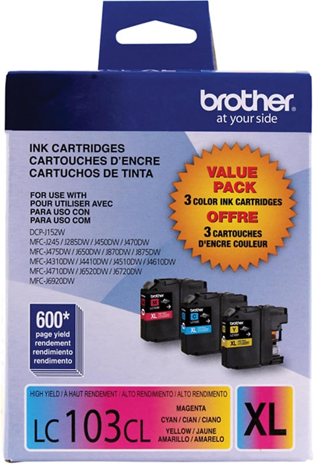 61vhEkHt82L._AC_SL1500_.jpg Brother LC1033PKS, LC-103, Innobella High-Yield Ink, 600 Page-Yield, 3/Pack, Cyan-Magenta-Yellow