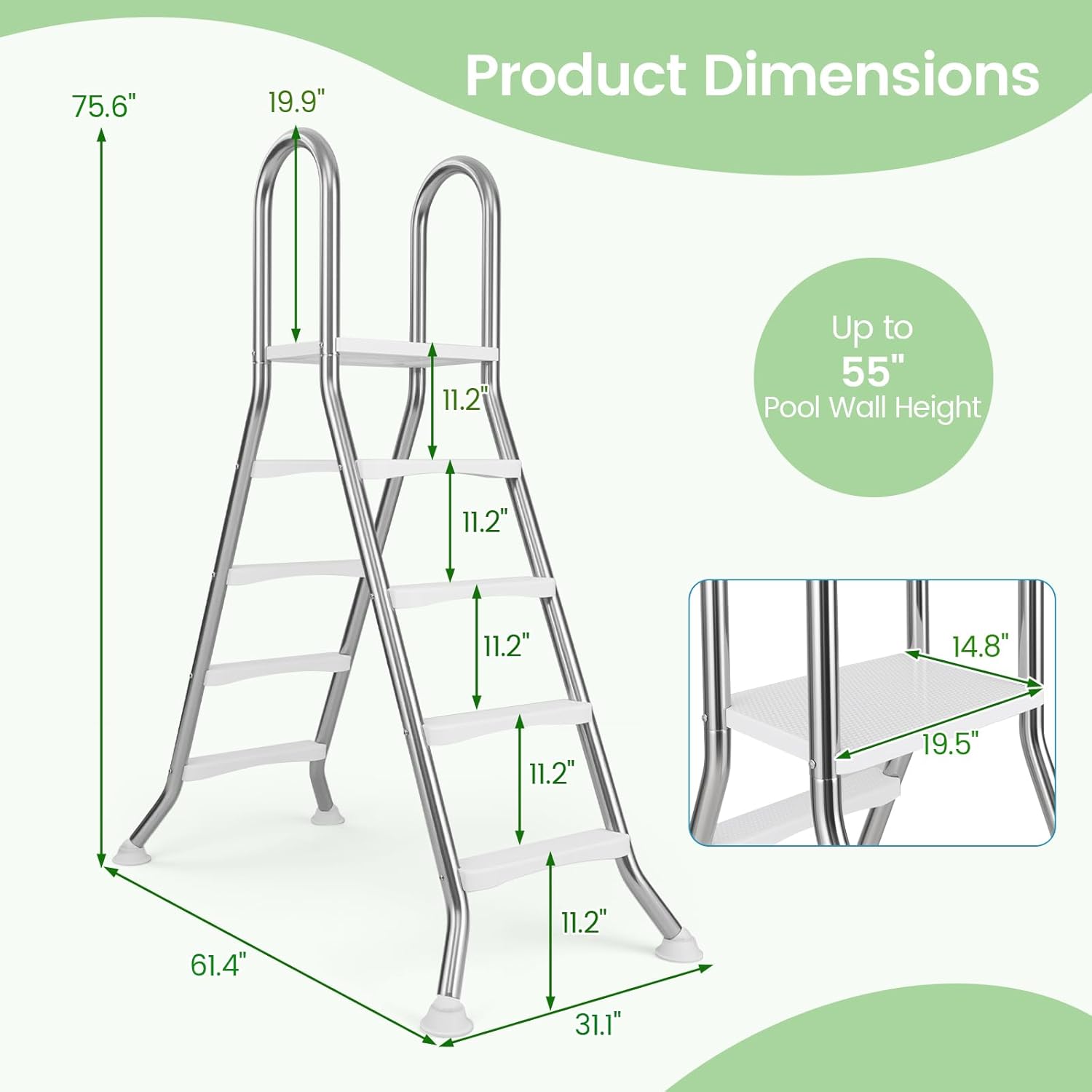 61vk5Wui9L._AC_SL1500_.jpg IRONMAX Above Ground Pool Ladder, Heavy Duty Stainless Steel Swimming Pool Ladder with Top Platform and Non-Slip Steps, 4-Step Double-Sided Pool Stairs for 55" Pool Wall Height
