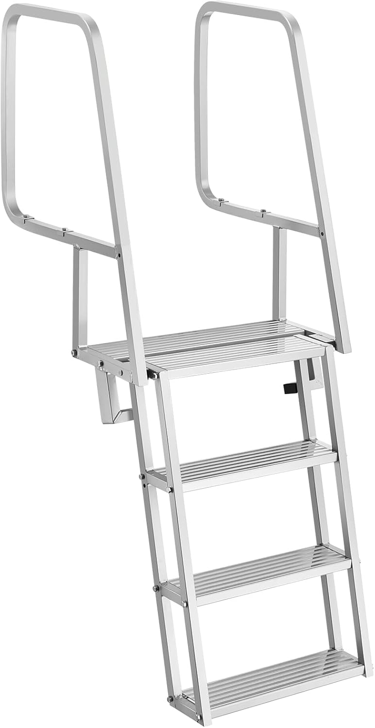 VEVOR Flip-Up Dock Ladder, 4-Step, Heavy-Duty Aluminum Alloy Pontoon Boat Swim Ladder, with Non-Slip Wide Steps, 350 lbs Weight Capacity, Pull Rope Assist, Comfort Use for Lake Pool Marine Boarding
