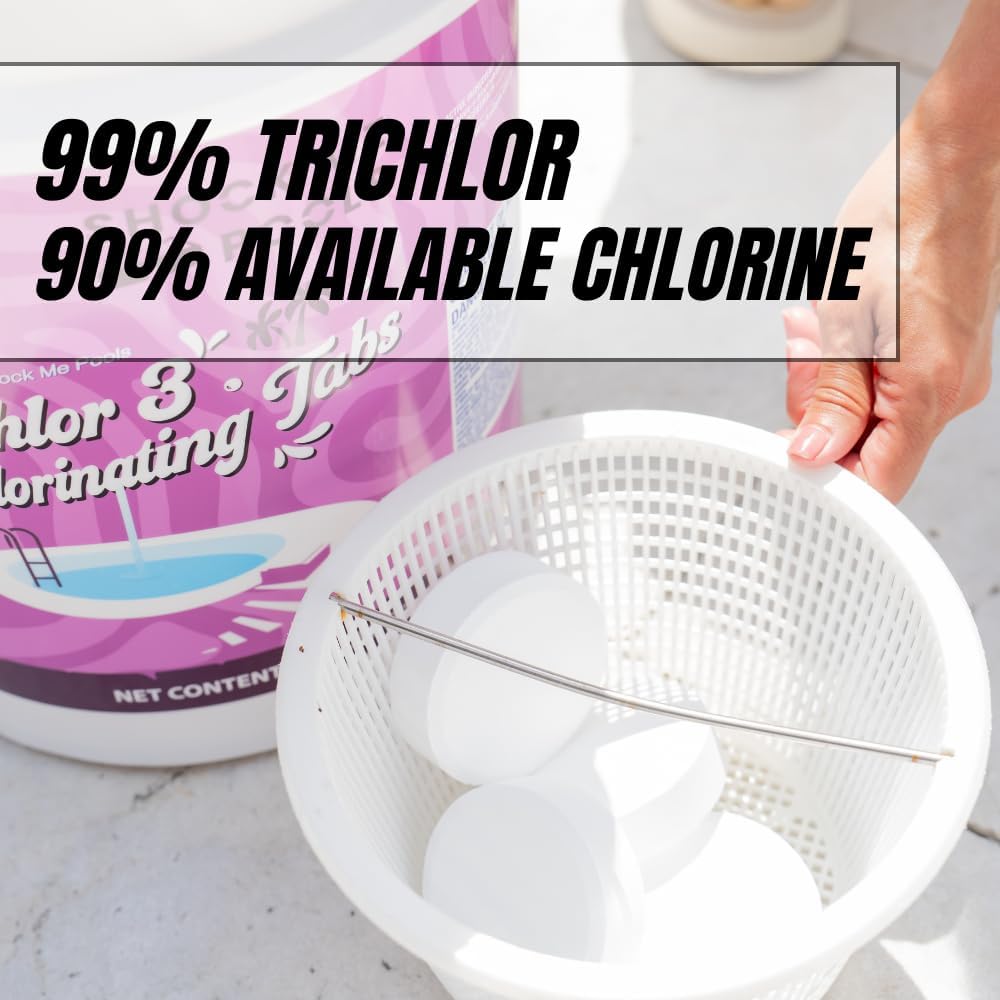 61yU0IYLiiL._AC_SL1000_.jpg Pyrock Chemical Pools 3 Inch Chlorine Tablets for Pools, 50 lb Pool Chlorine Tabs, 99% Trichlor, 90% Available Chlorine, Slow Dissolving Stabilized Chlorine Tablets for Swimming Pools, Floaters