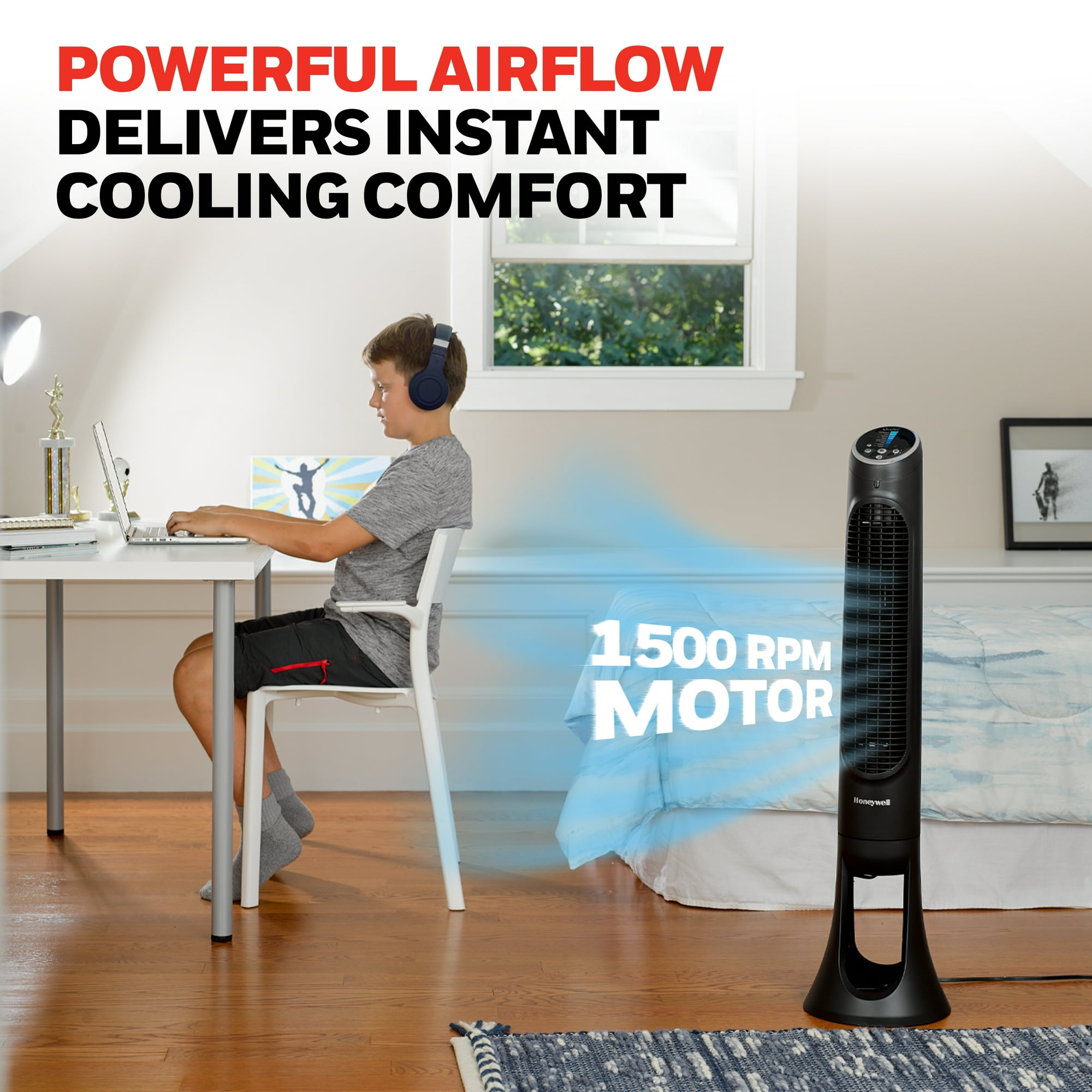 63aa9e84-dc81-4312-97e8-7ec6d5c45efa.95b3c11dfaa8d80bfdf640f0e679caaf.jpeg Honeywell 40" Black Quiet Set Oscillating Tower Fan, 30ft Air Circulation Power, 5 Speed, Auto Off Timer, HYF260B