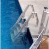 Vinyl Works Deluxe Adjustable 24 Inch Wide in Pool Step Ladder Entry System for Above Ground Swimming Pools with Non Slip Steps, Taupe