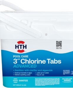 HTH 42055 Pool Care 3" Chlorine Tabs Advanced, Swimming Pool Sanitizer with Clarifier & Algaecide - Destroys Bacteria & Algae, Delivers Crystal Clear Water All Season, Slow Dissolving, 25 lbs