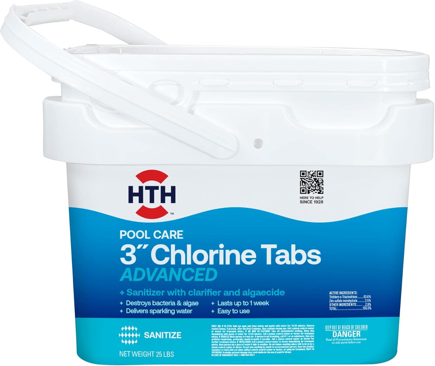 HTH 42055 Pool Care 3" Chlorine Tabs Advanced, Swimming Pool Sanitizer with Clarifier & Algaecide - Destroys Bacteria & Algae, Delivers Crystal Clear Water All Season, Slow Dissolving, 25 lbs