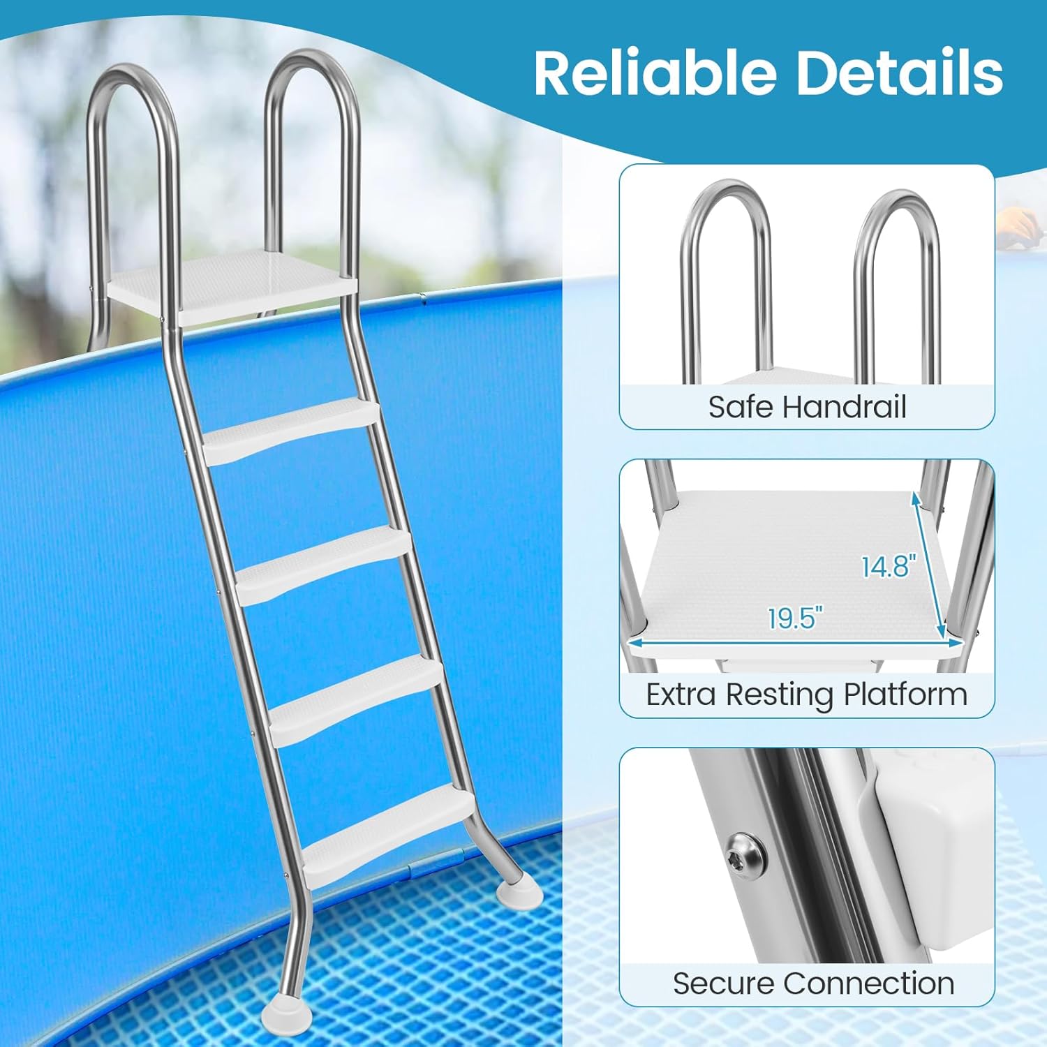 711wN-cE1EL._AC_SL1500_.jpg Goplus 4-Step Steel Frame Above Ground Swimming Pool Ladder for 55" Pool Wall Heights, Double-Sided Entry & Exit Ladder w/Non-Slip Steps, Top Platform, Rotating Foot Pads