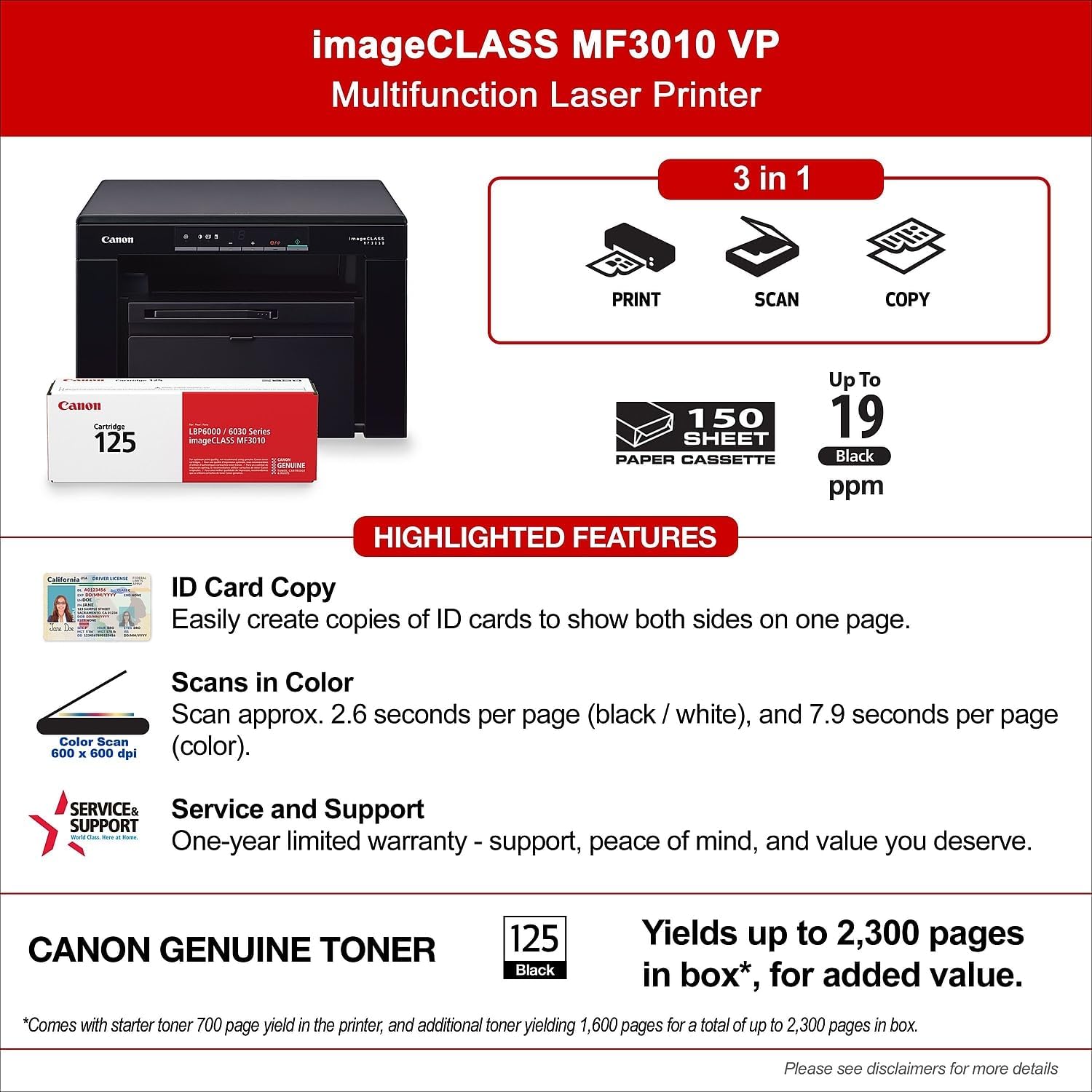 712Arvl3Q-L._AC_SL1500_.jpg Canon imageCLASS MF3010 VP - Wired Monochrome Multifunction Laser Printer with Scanner, Copier, USB Cable Included, Up To 2,300 Page Toner Yield in Box, 19 PPM, Black