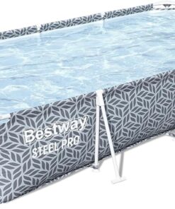 Bestway Steel Pro 12' x 6' 7" x 26" Rectangle Above Ground Outdoor Swimming Pool Set with DuraPlus Liner and FrameLink System, Gray (561FSE-BW)
