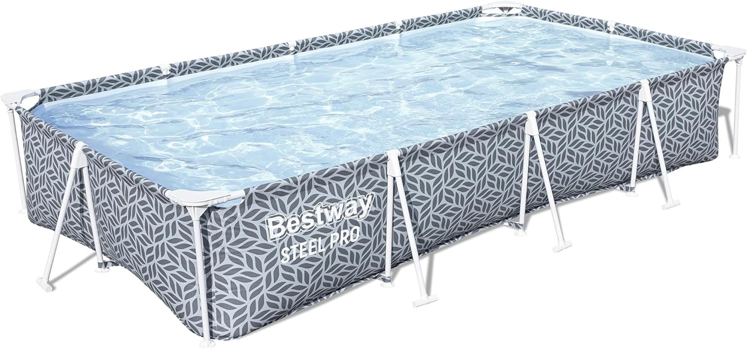 Bestway Steel Pro 12' x 6' 7" x 26" Rectangle Above Ground Outdoor Swimming Pool Set with DuraPlus Liner and FrameLink System, Gray (561FSE-BW)