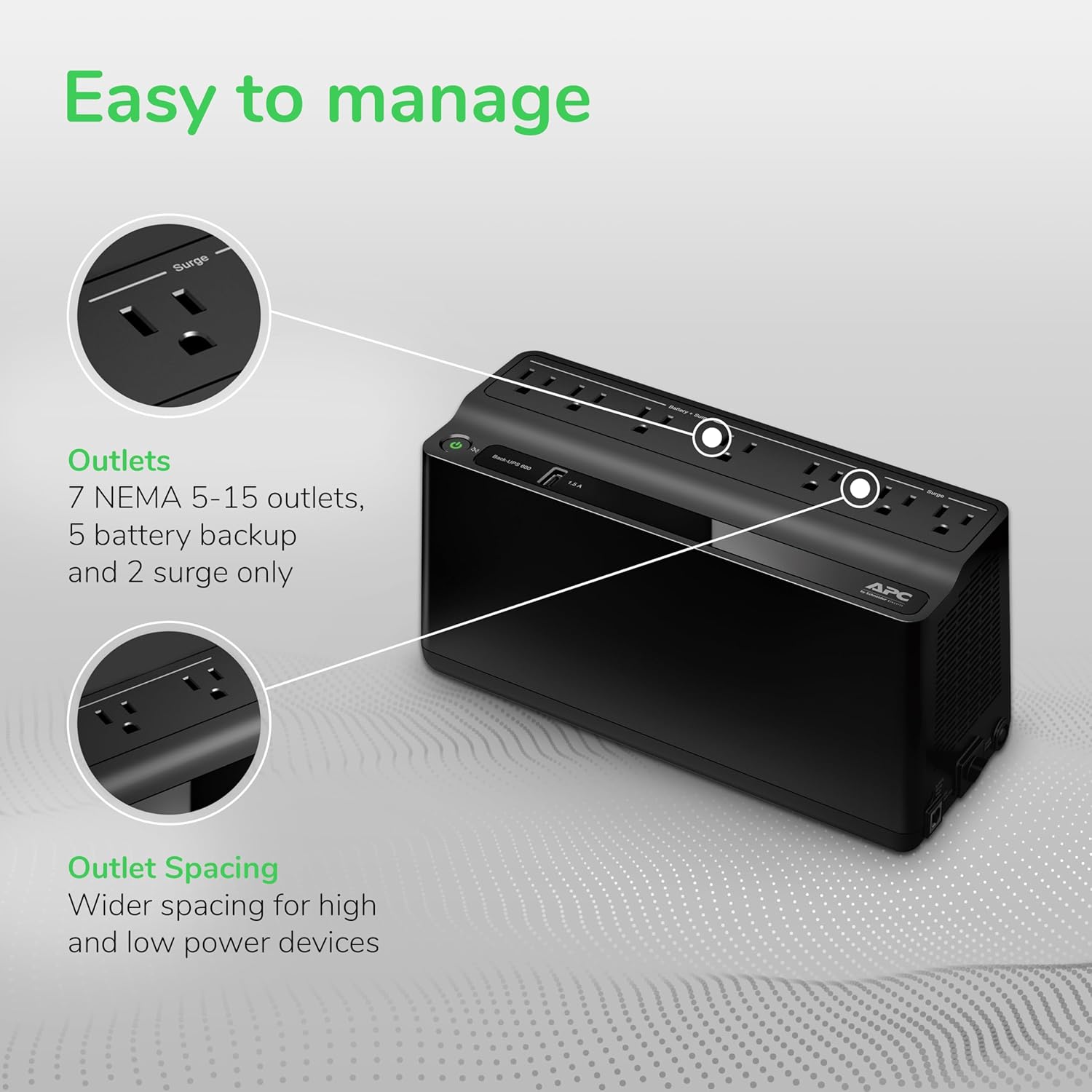 APC UPS Battery Backup for Power Outages, 600VA/330W Surge Protector, 7 Outlets, USB Charging, BE600M1 Uninterruptible Power Supply for Computers, Wi-Fi Routers, and Home Office Electronics APC UPS Battery Backup for Power Outages, 600VA/330W Surge Protector, 7 Outlets, USB Charging, BE600M1 Uninterruptible Power Supply for Computers, Wi-Fi Routers, and Home Office Electronics - Image 4