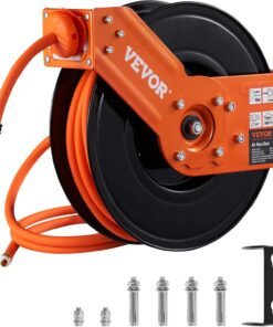 VEVOR Retractable Air Hose Reel, 3/8 IN x 50 FT Hybrid Air Hose Max 300PSI, Air Compressor Hose Reel with 5 ft Lead in, Ceiling/Wall Mount Heavy Duty Single Arm Steel Reel