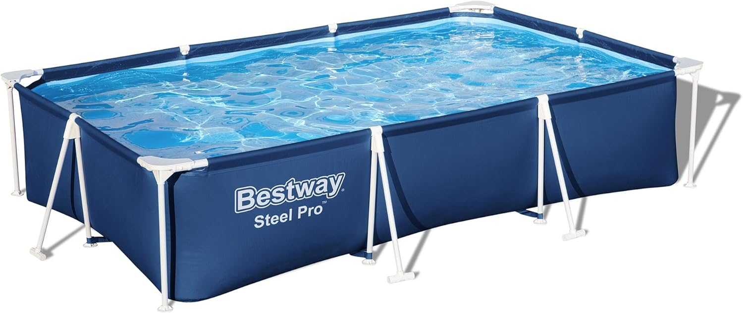 Bestway Steel Pro 9 Feet 10 Inch x 6 Feet 7 Inch x 26 Inch Rectangle Above Ground 872 Gallon Pool Set with DuraPlus Liner and FrameLink System (26-56404-new)