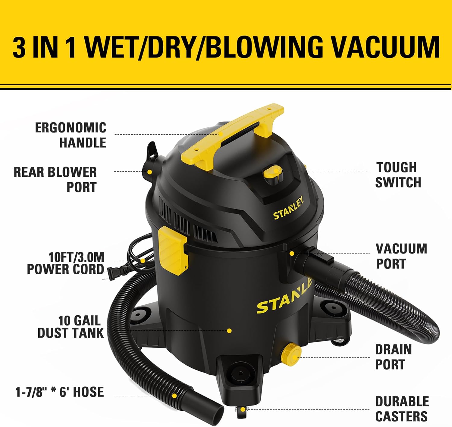STANLEY 10 Gallon Wet Dry Vacuum, 6 Peak HP Poly Built-in Drain Shop Vac Blower with Powerful Suction, Multifunctional Shop Vacuum W/ 6 Horsepower Motor for Job Site, Garage, Basement, Van, Workshop STANLEY 10 Gallon Wet Dry Vacuum, 6 Peak HP Poly Built-in Drain Shop Vac Blower with Powerful Suction, Multifunctional Shop Vacuum W/ 6 Horsepower Motor for Job Site, Garage, Basement, Van, Workshop - Image 2