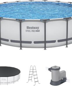 Bestway Steel Pro MAX 18' x 48" Above Ground Pool, Round Metal Frame Outdoor Swimming Pool Set with Filter Pump, Ladder, and Cover, Gray
