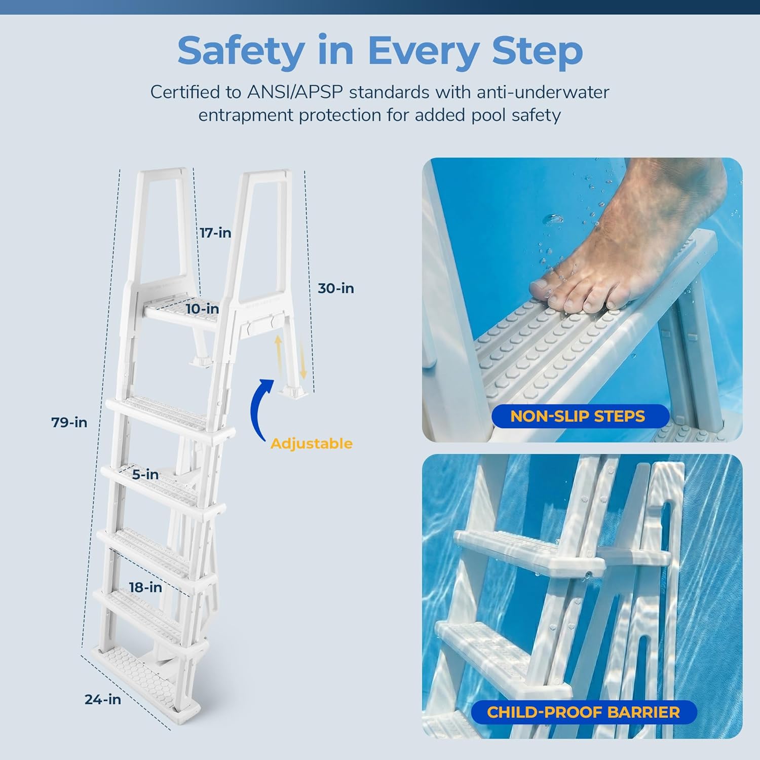 717nvZK6DaL._AC_SL1500_.jpg Blue Wave 5 Tread Above Ground Pool Ladder - Heavy Duty Resin Pool Steps for 48 to 54 in Deck Heights - 5-in Non-Skid Treads, Rust-Free with 250 lb Weight Capacity, White