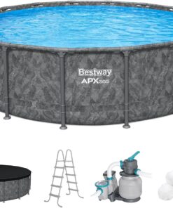 Bestway APX 365 16' x 48" Above Ground Pool, Round Metal Frame Outdoor Swimming Pool Set with Sand Filter Pump, Ladder, and Cover, Dark Marble