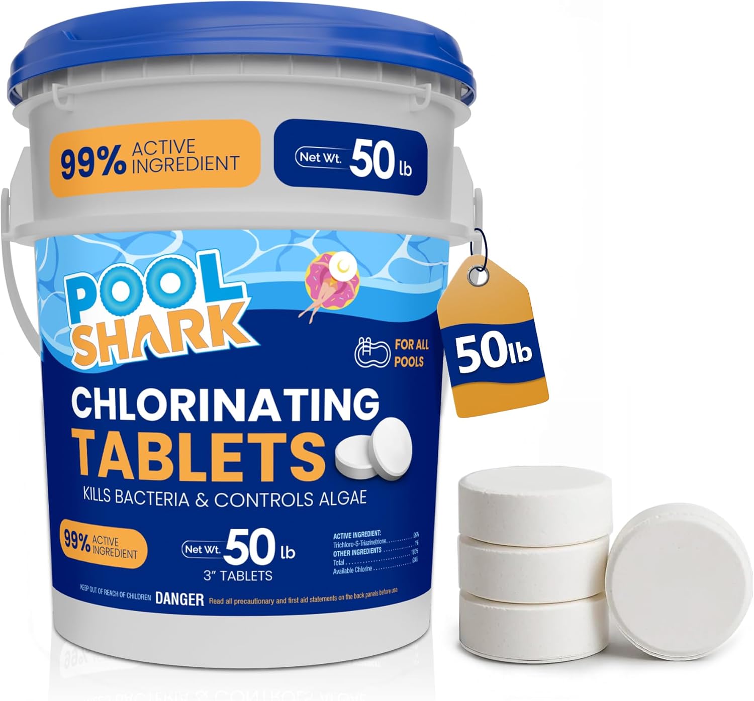 Pool Shark Swimming Pool Chlorine Tablets - 3-Inch Chlorine Tablets - Slow-Dissolving 90% Active Chlorine Tabs - Pool Chemicals for Inground Pools, Above Ground Pools, Saltwater, Spa, Hot Tub (50 lbs)