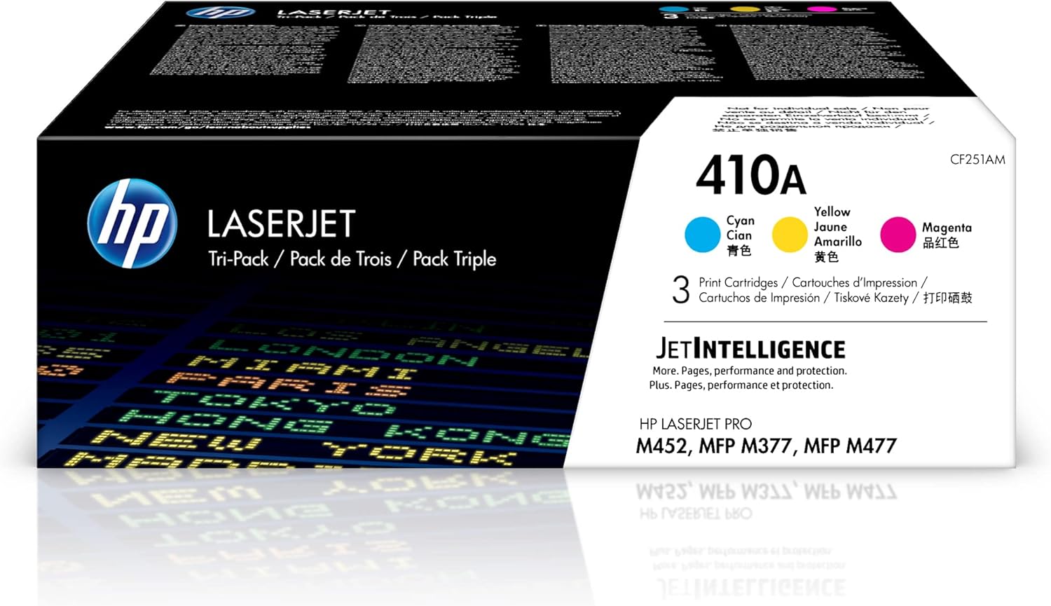 HP 410A Cyan, Magenta, Yellow Toner Cartridge Printers (3-Pack) | Works with Color LaserJet Pro M452 Series; Color LaserJet Pro MFP M377, M477 Series | CF251AM