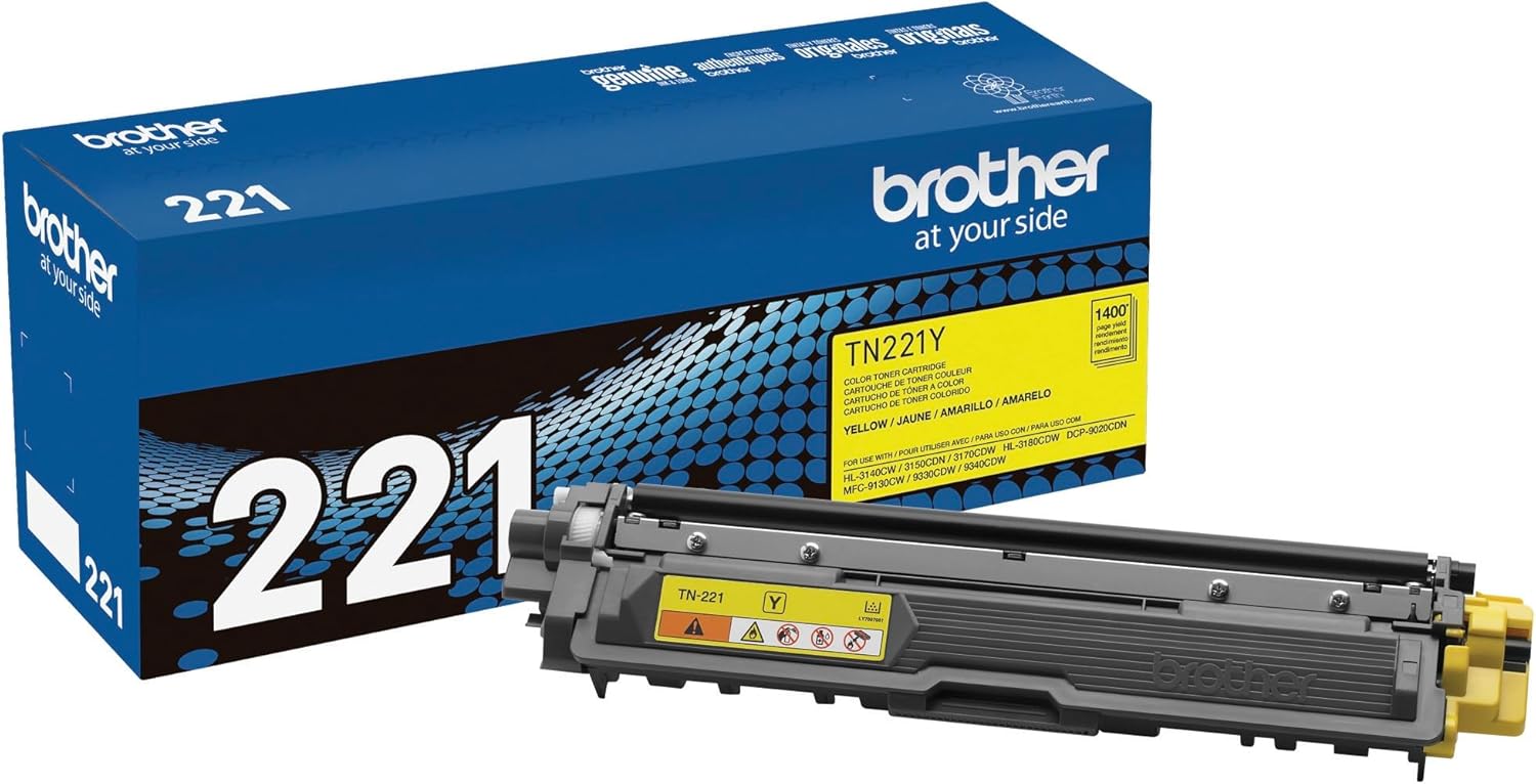 Brother Genuine Standard Yield Toner Cartridge, TN221Y, Replacement Yellow Color Toner, Page Yield Up to 1,400 Pages, Amazon Dash Replenishment Cartridge, TN221