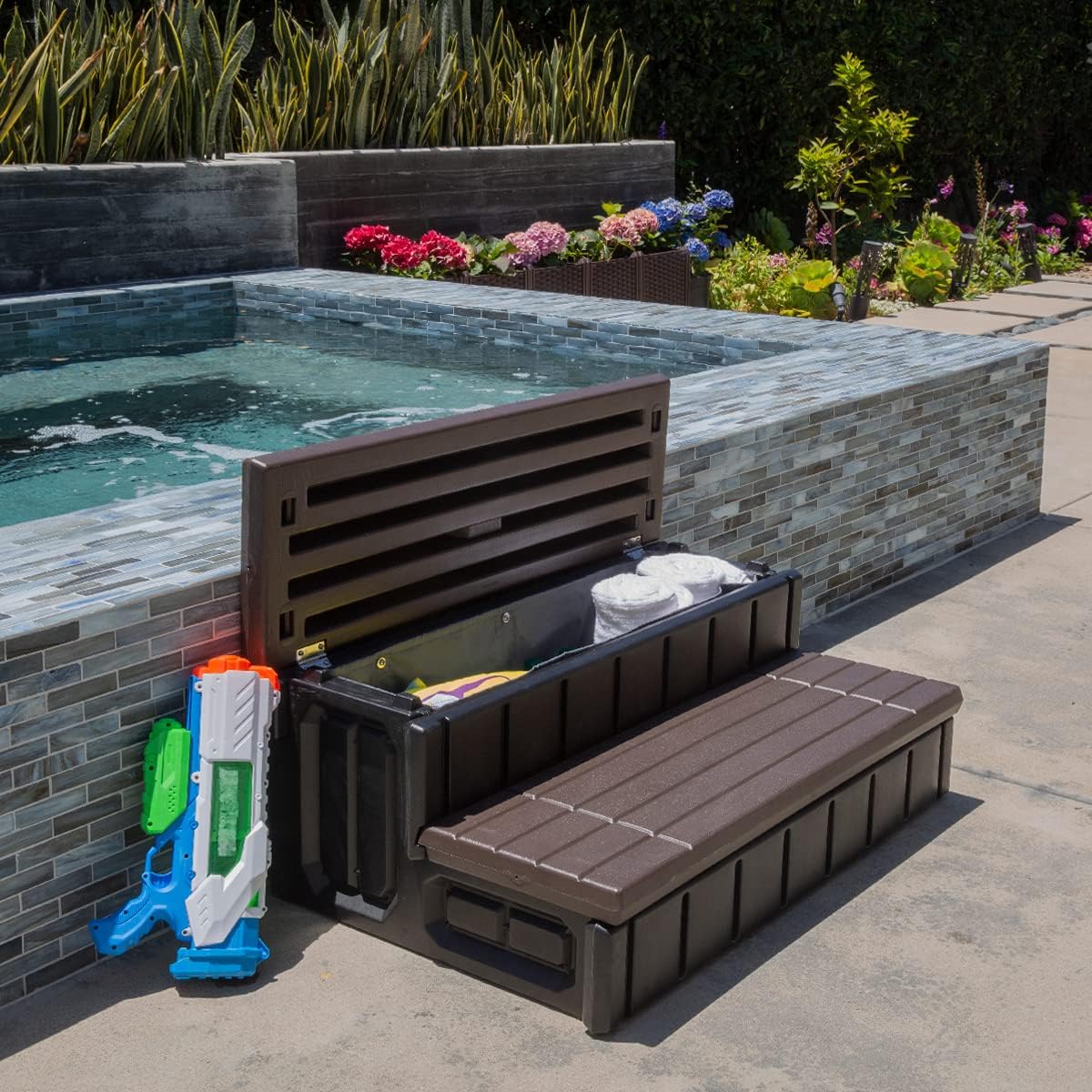 71DH6VqSDDL._AC_SL1200_.jpg XtremepowerUS Universal 2 Slip-Resistant Spa & Hot Tub Step Outdoor Indoor Stool Pool Ladder Compartment Spa Step 36" Inches Long with Storage, Brown/Black