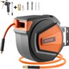 VEVOR Retractable Air Hose Reel, 3/8IN x 65FT Hybrid Air Hose Max 300PSI, Air Compressor Hose Reel Auto-Rewind with 6.6 FT Lead in, Ceiling/Wall Mount Enclosed PP Reel & Built-in 180° Swivel Bracket