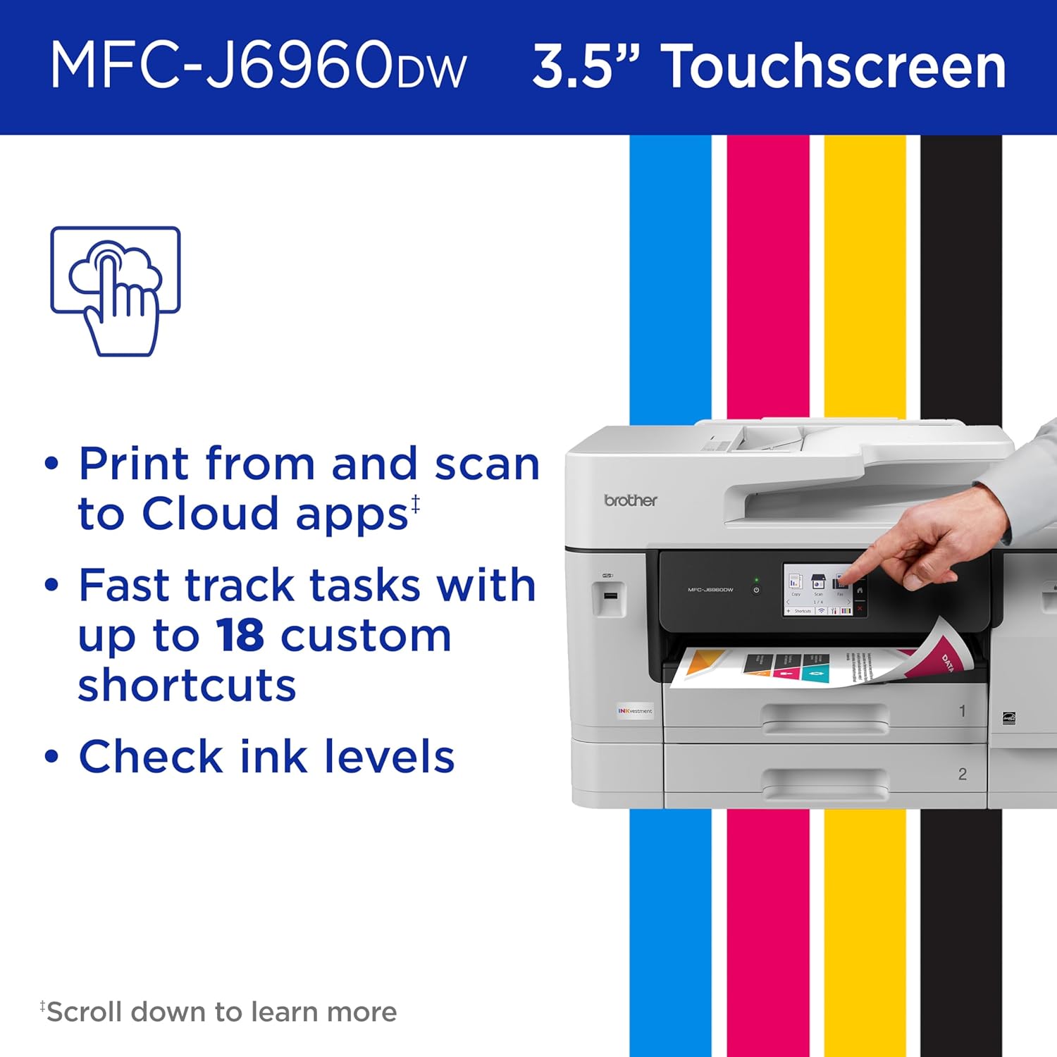 71EplehVdUL._AC_SL1500_.jpg Brother INKvestment 6960 Wireless Color Inkjet All-in-One Printer with 11”x17” Capabilities and 3.5” Color Touchscreen | Includes Refresh Subscription Trial(1) (MFC-J6960DW)
