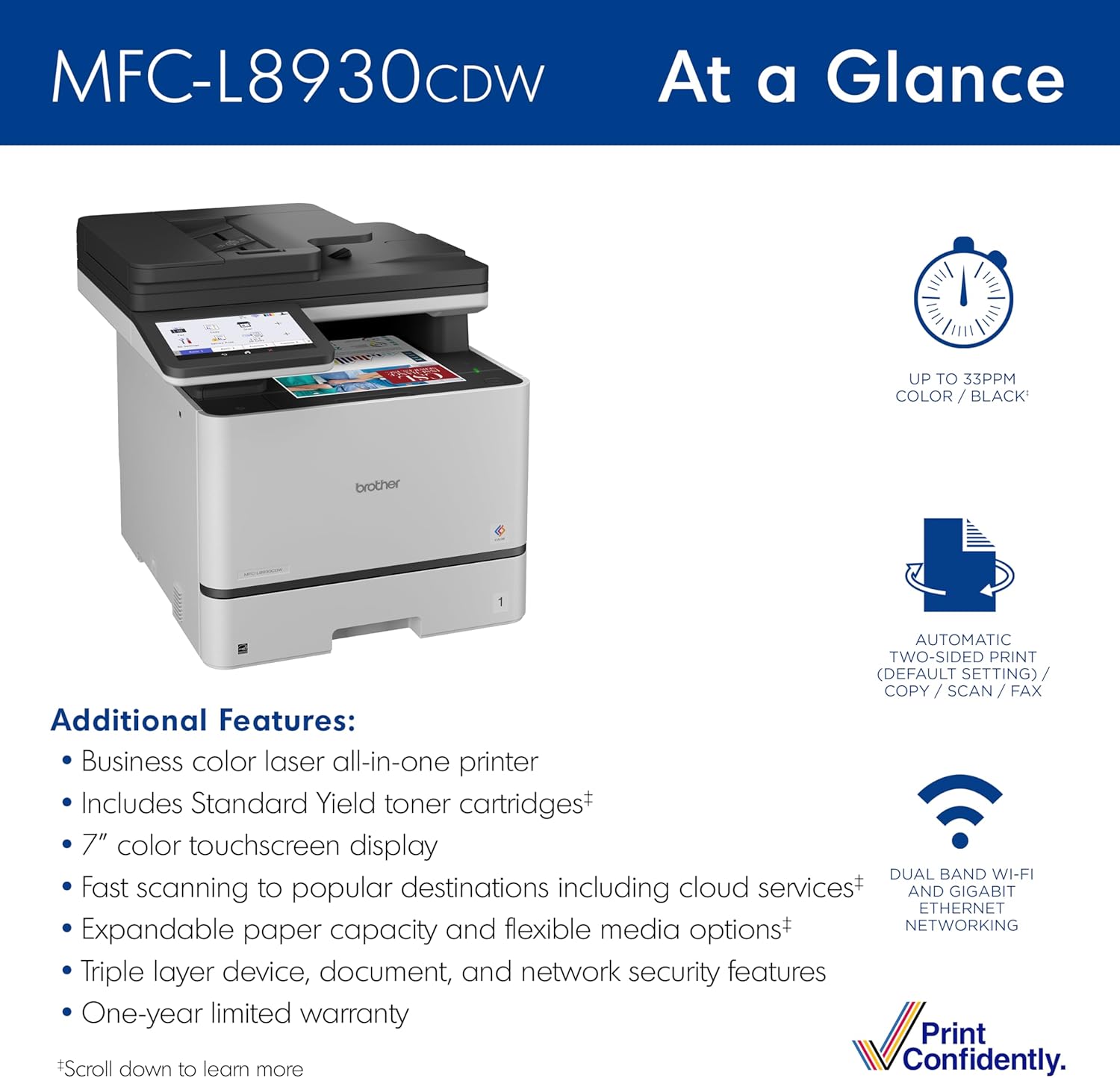 71FVq52yQfL._AC_SL1500_.jpg Brother MFC-L8930CDW Business Color Laser All-in-One Printer with Duplex Print, Scan, Copy, Low-Cost Printing, and Advanced Security Features