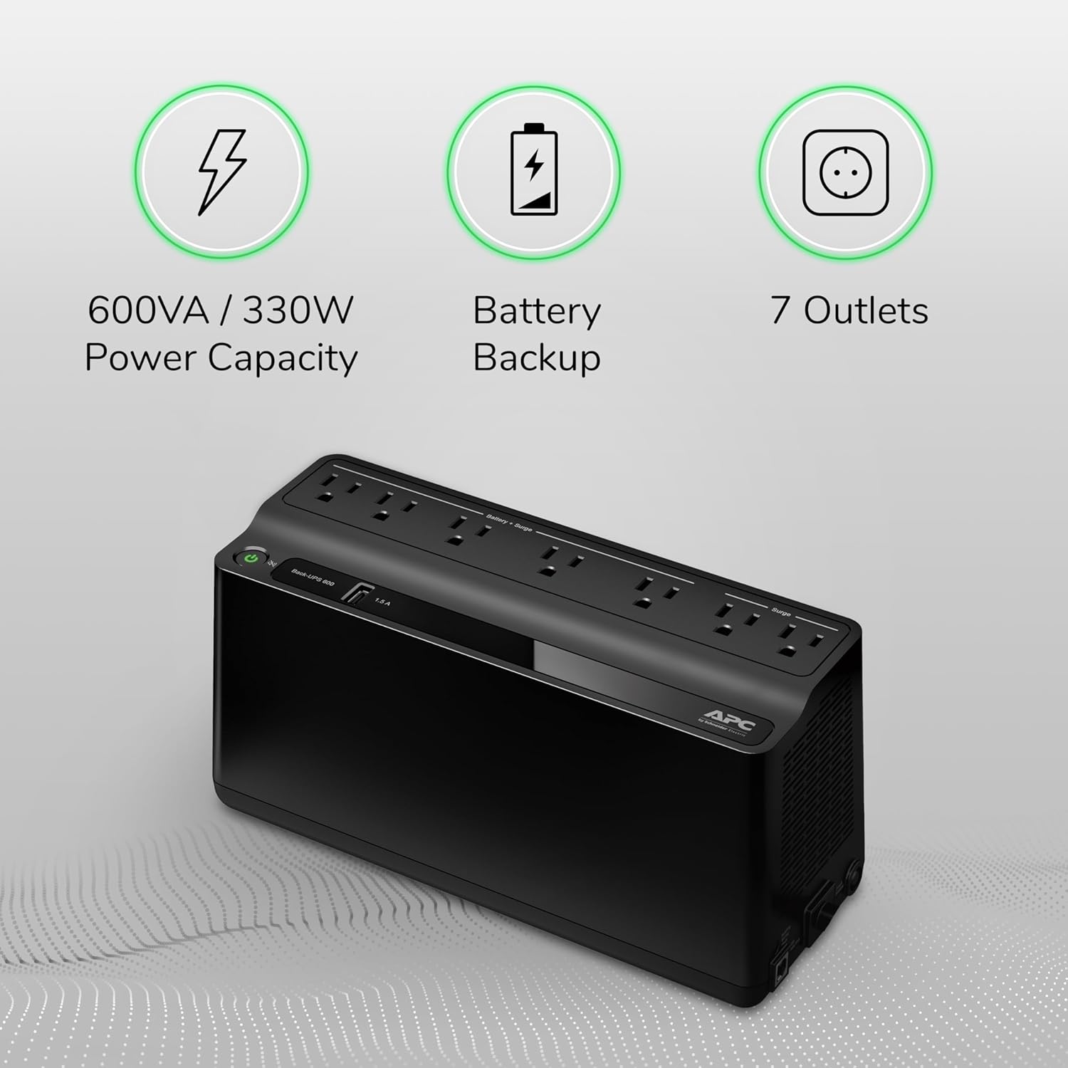 APC UPS Battery Backup for Power Outages, 600VA/330W Surge Protector, 7 Outlets, USB Charging, BE600M1 Uninterruptible Power Supply for Computers, Wi-Fi Routers, and Home Office Electronics APC UPS Battery Backup for Power Outages, 600VA/330W Surge Protector, 7 Outlets, USB Charging, BE600M1 Uninterruptible Power Supply for Computers, Wi-Fi Routers, and Home Office Electronics - Image 5