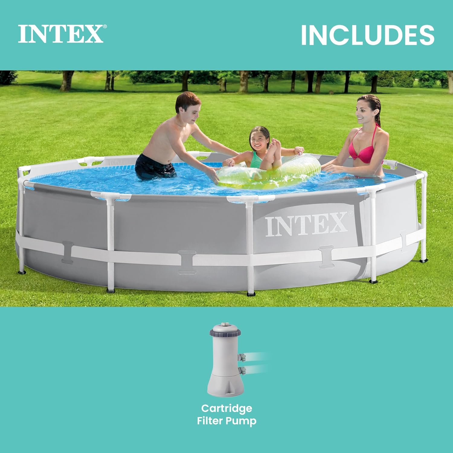 71HhGj4zGoL._AC_SL1500_.jpg INTEX 26701EH Prism Frame Premium Above Ground Swimming Pool Set: 10ft x 30in – Includes 330 GPH Cartridge Filter Pump – SuperTough Puncture Resistant – Rust Resistant – 1185 Gallon Capacity
