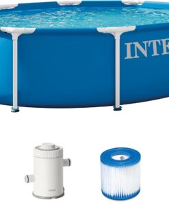 Intex Metal Frame 10 ft x 30 in Above Ground Pool Set, Round Swimming Pool with Steel Frame, 330 GPH Cartridge Filter Pump, and Type H Filter Cartridge, White Filter Pump