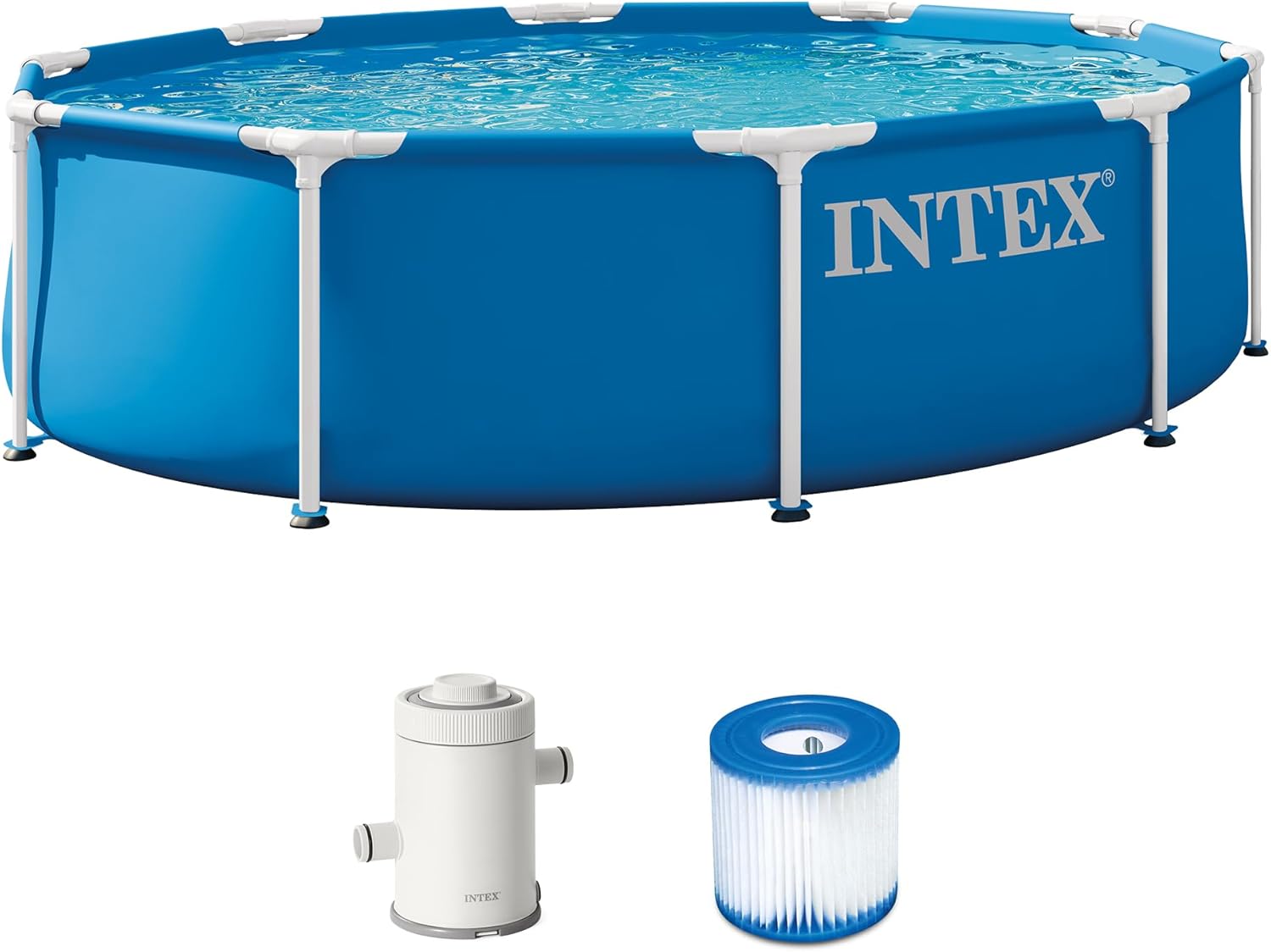 Intex Metal Frame 10 ft x 30 in Above Ground Pool Set, Round Swimming Pool with Steel Frame, 330 GPH Cartridge Filter Pump, and Type H Filter Cartridge, White Filter Pump