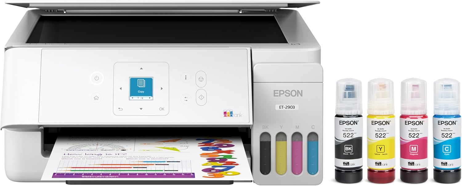 Epson EcoTank ET-2903 Wireless All-in-One Color Supertank Printer with up to 3 Years of Ink, Refillable Tanks, Perfect for Home, 11 PPM, 1.44" Color Screen, Built-in Scanner – White