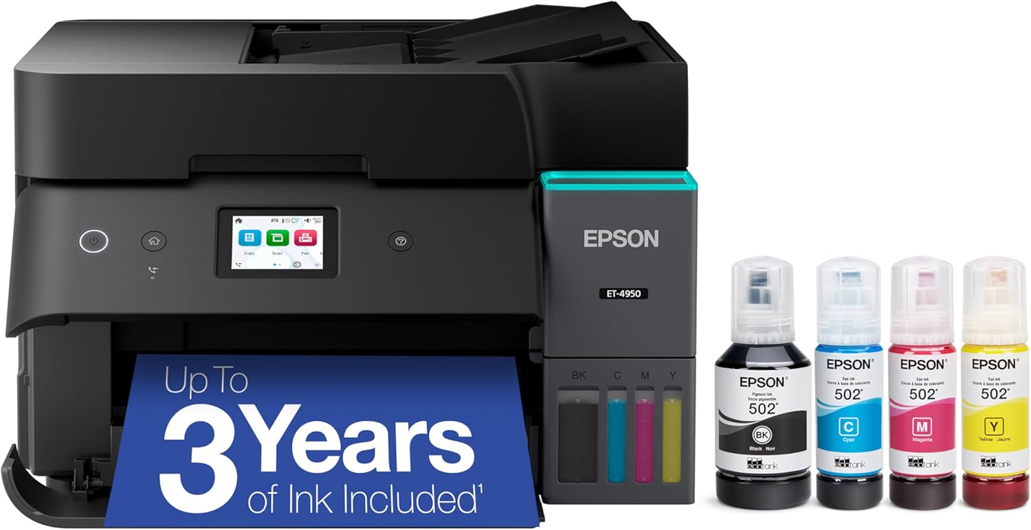 Epson EcoTank ET-4950 Wireless All-in-One Color Supertank Printer with up to 3 Years of Ink Refillable Tanks, Perfect for Home, 18 PPM, 2.4" Colorful Touchscreen, Auto Document Feeder - Black