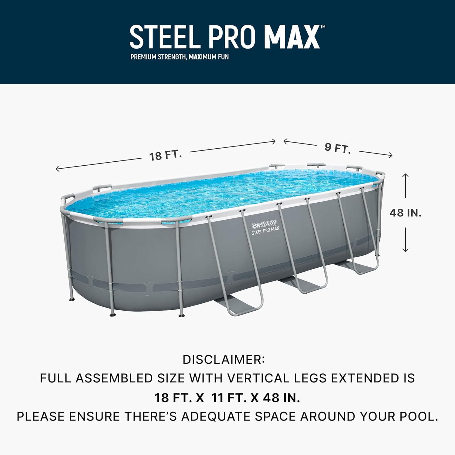 Bestway Steel Pro MAX 18' x 9' x 48" Above Ground Pool, Oval Metal Frame Outdoor Swimming Pool Set with Filter Pump, Ladder, and Cover, Gray Bestway Steel Pro MAX 18' x 9' x 48" Above Ground Pool, Oval Metal Frame Outdoor Swimming Pool Set with Filter Pump, Ladder, and Cover, Gray - Image 3