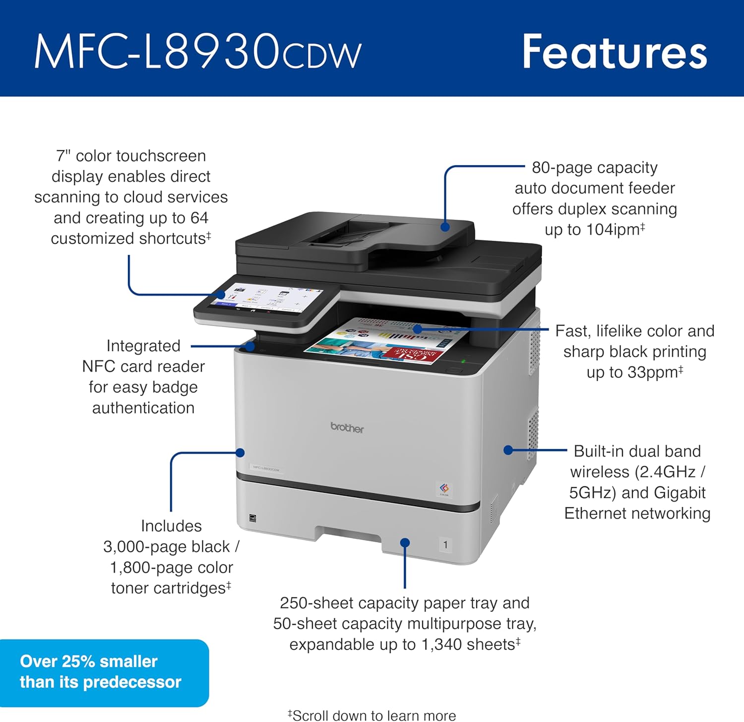 71LRbL6f85L._AC_SL1500_.jpg Brother MFC-L8930CDW Business Color Laser All-in-One Printer with Duplex Print, Scan, Copy, Low-Cost Printing, and Advanced Security Features