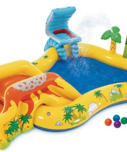 Intex Inflatable Dinosaur Play Center Outdoor Playhouse Inflatable Water Park with Kid Pool Slide, Water Sprayer, Waterfall, and 6 Balls, Multicolor
