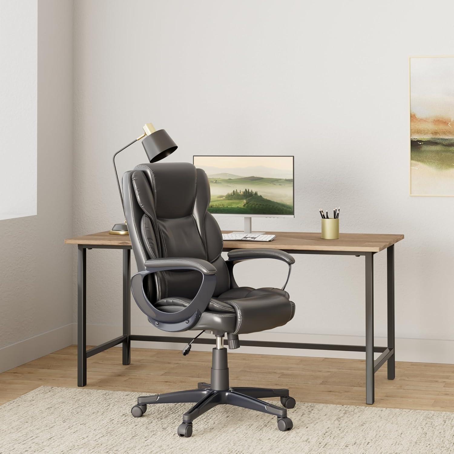 71NRHDB9v-L._AC_SL1500_.jpg Staples Mcallum Ergonomic Manager & Executive Office Chair, Task Desk Swivel Chair with Wheels, Adjustable Height, Bonded Leather, Black