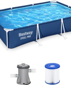 Bestway Steel Pro 9.8' x 6.6' x 26" Above Ground Pool, Rectangular Metal Frame Outdoor Swimming Pool Set with Filter Pump & Type I Cartridge, Blue